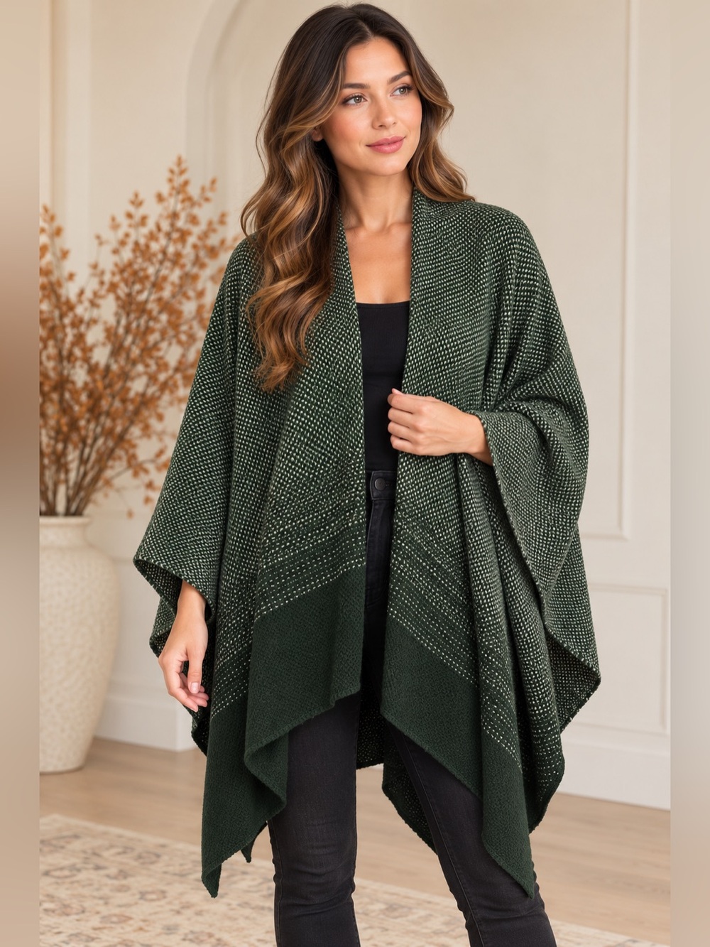 Black White Ombre Knit Open Front Poncho Cape Shawl Blanket Wrap One Size